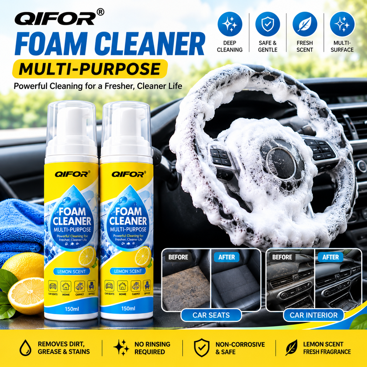 QIFOR Car Interior Foam Cleaner | Instant Stain & Dirt Remover | Lemon Fresh Formula