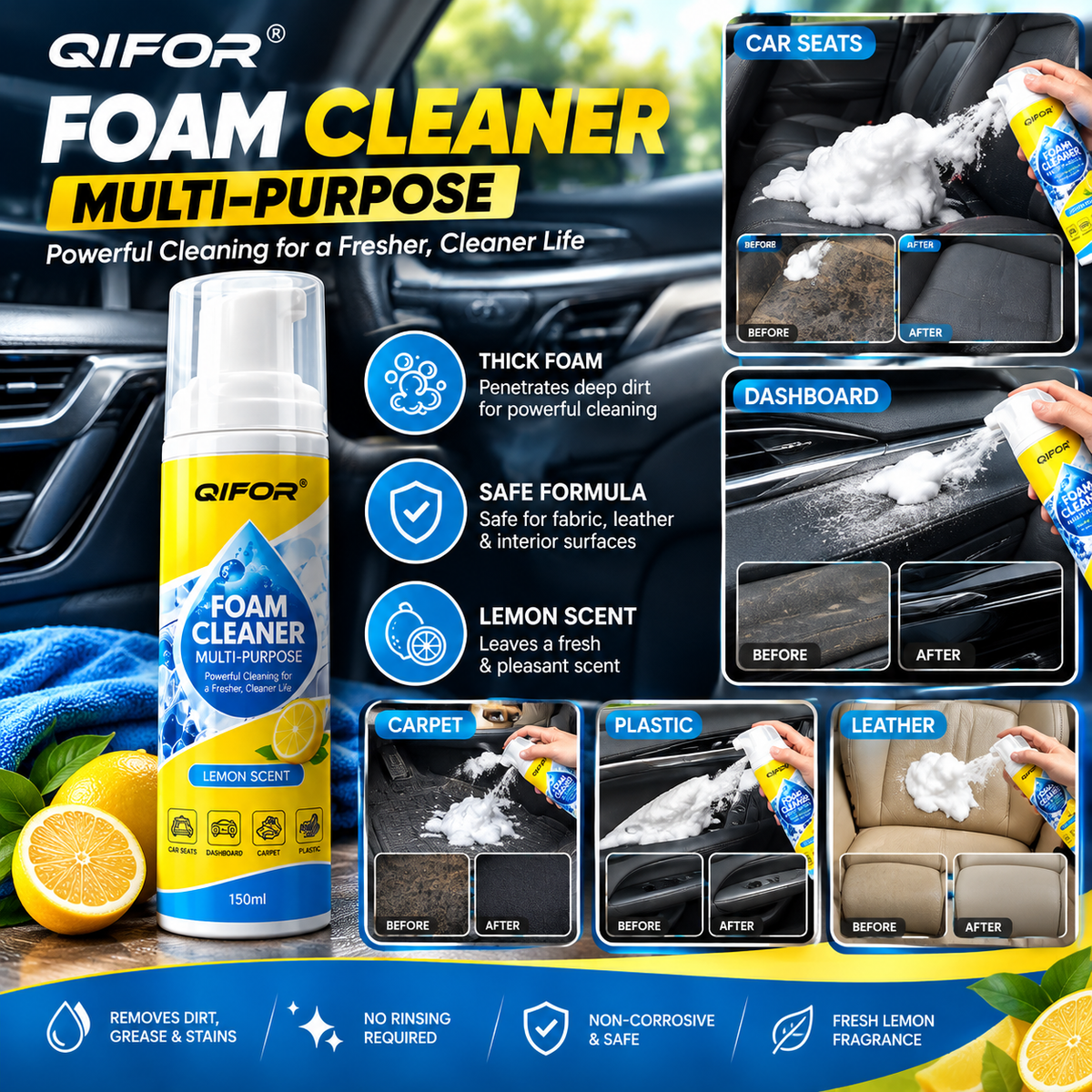 QIFOR Car Interior Foam Cleaner | Instant Stain & Dirt Remover | Lemon Fresh Formula