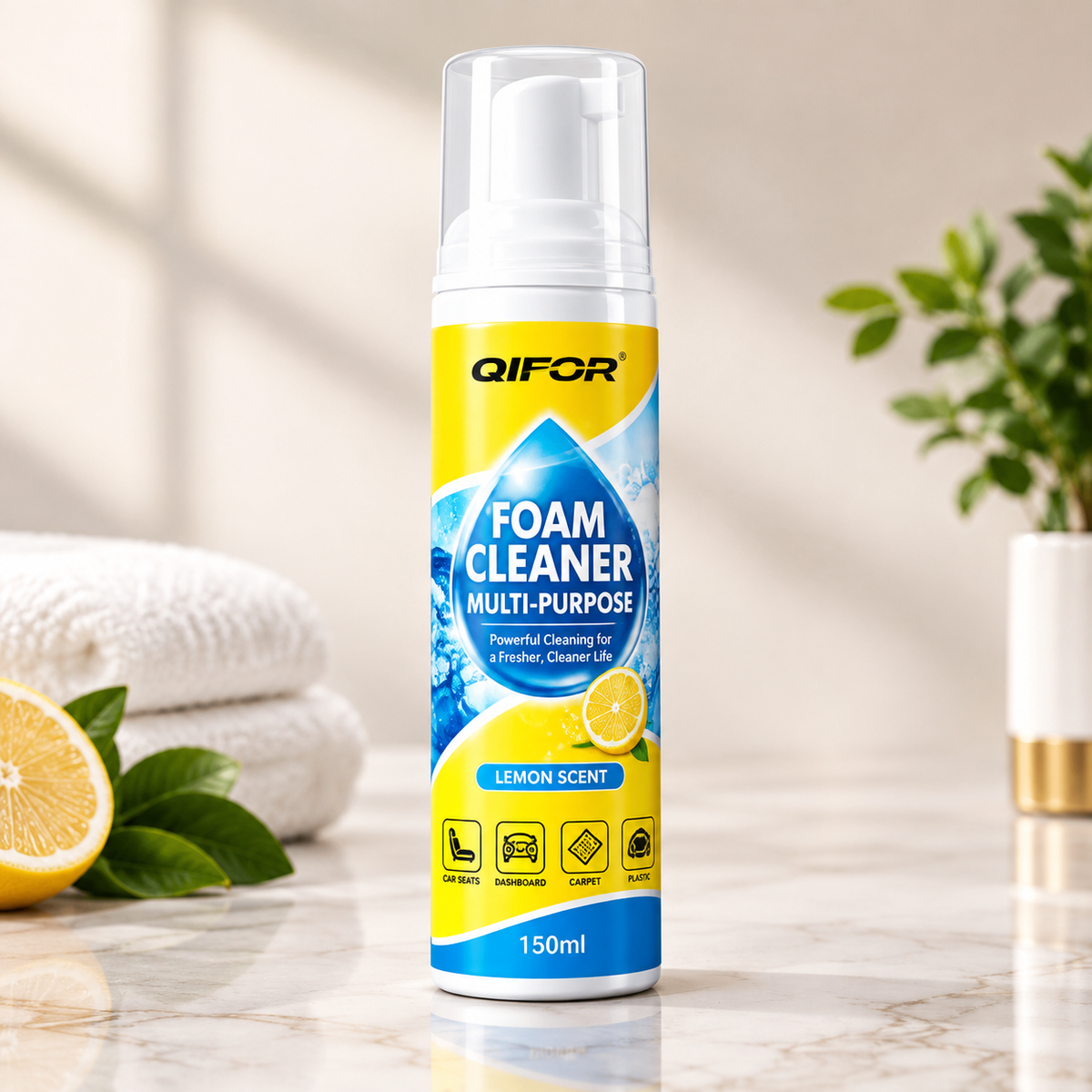 QIFOR Car Interior Foam Cleaner | Instant Stain & Dirt Remover | Lemon Fresh Formula